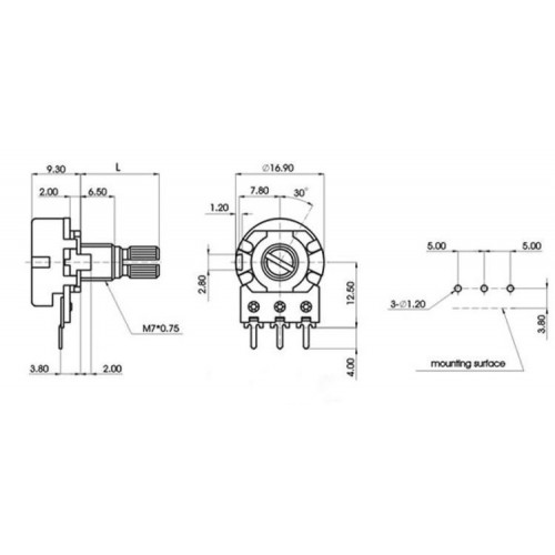 Linijinis potenciometras B50K 50K - L15 mm - 1