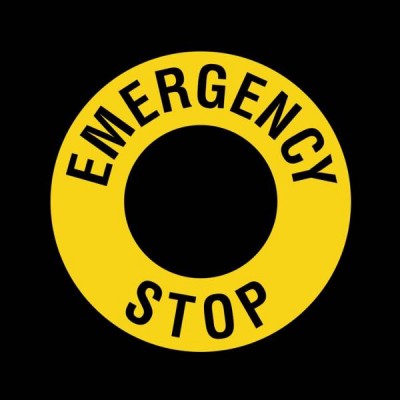 EMERGENCY STOP etiketė - 40 mm - Įspėjamasis saugos mygtuko