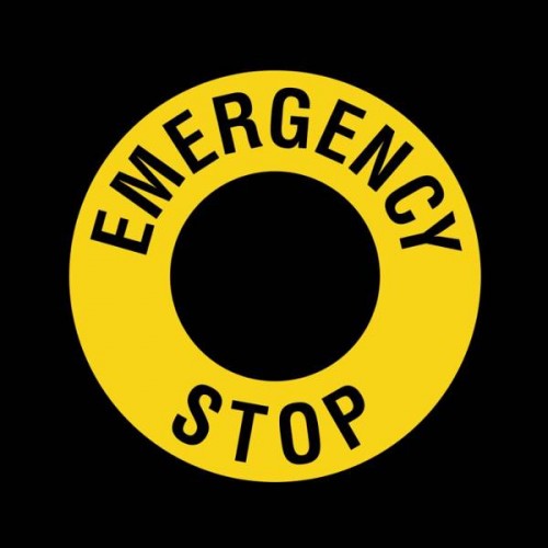 EMERGENCY STOP etiketė - 90 mm - Įspėjamasis saugos mygtuko