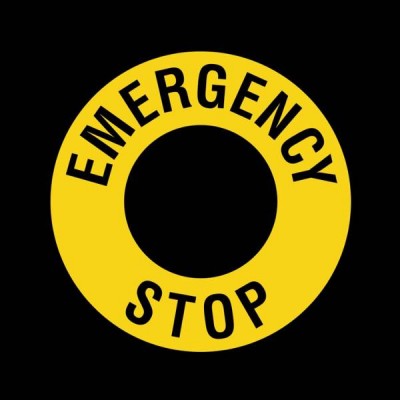 EMERGENCY STOP etiketė - 90 mm - Įspėjamasis saugos mygtuko