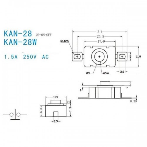 Mikrojungiklis 18x12 mm - KAN-28 - žibintuvėlio jungiklis - su