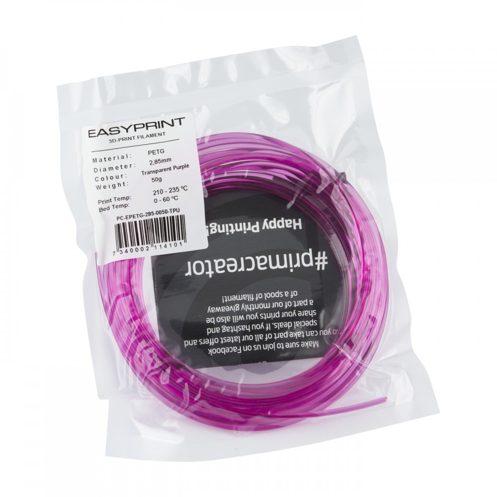 "EasyPrint" PETG pavyzdys - 2.85 mm - 50 g - Skaidri violetinė "EasyPrint" PETG pavyzdys - 2.85 mm - 50 g - Skaidri violetinė