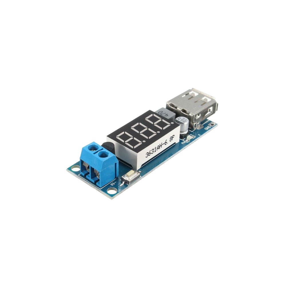 Maitinimo modulis, STEP-DOWN keitiklis 4.5-40V iki 5V/2A, USB + Maitinimo modulis, STEP-DOWN keitiklis 4.5-40V iki 5V/2A, USB +