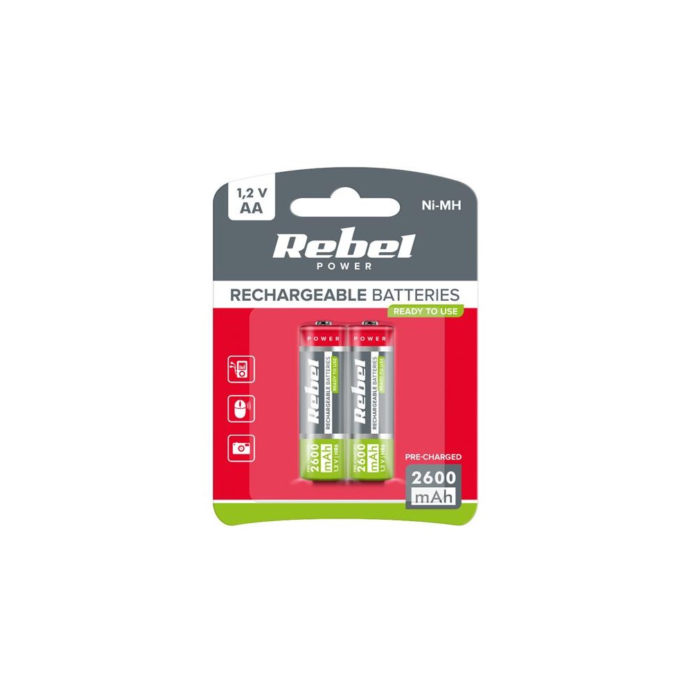 AA (R06) įkraunama 1,2 V / 2600 mAh baterija REBEL lizdinė AA (R06) įkraunama 1,2 V / 2600 mAh baterija REBEL lizdinė