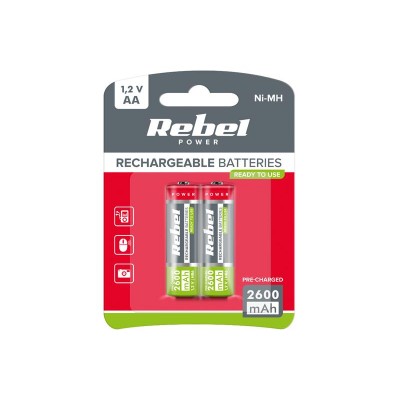 AA (R06) įkraunama 1,2 V / 2600 mAh baterija REBEL lizdinė