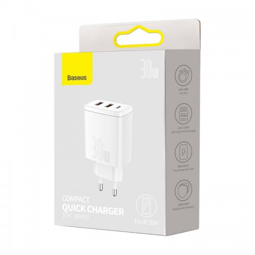 Baseus kompaktiškas greitasis įkroviklis, 2xUSB, USB-C, PD, 3A