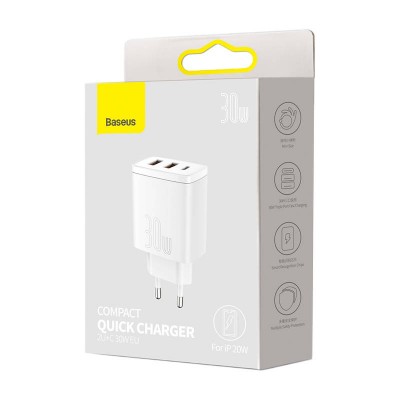 Baseus kompaktiškas greitasis įkroviklis, 2xUSB, USB-C, PD, 3A