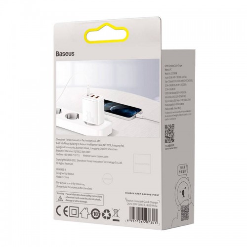 Baseus kompaktiškas greitasis įkroviklis, 2xUSB, USB-C, PD, 3A