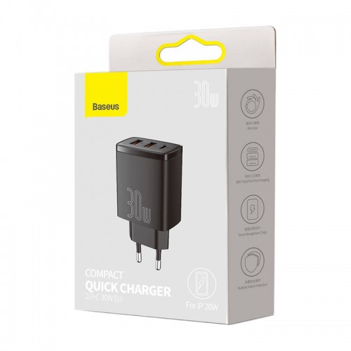 Baseus kompaktiškas greitasis įkroviklis, 2xUSB, USB-C, PD, 3A