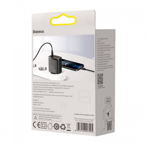 Baseus kompaktiškas greitasis įkroviklis, 2xUSB, USB-C, PD, 3A