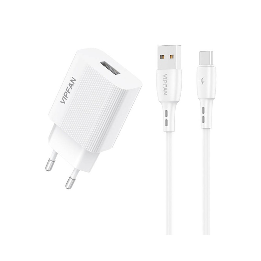 Vipfan E01 tinklo įkroviklis, 1x USB, 2,4A + USB-C laidas