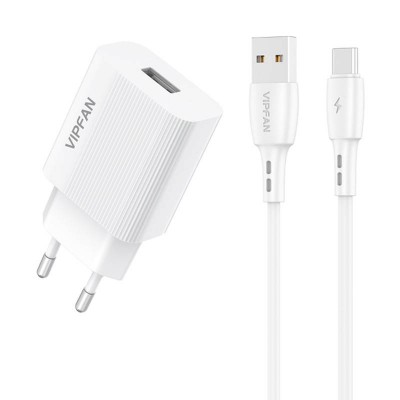 Vipfan E01 tinklo įkroviklis, 1x USB, 2,4A + USB-C laidas