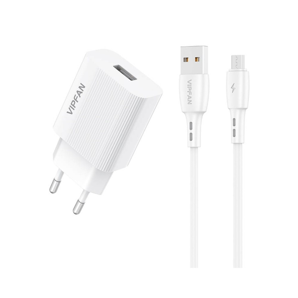 Vipfan E01 tinklo įkroviklis, 1x USB, 2,4A + Micro USB laidas