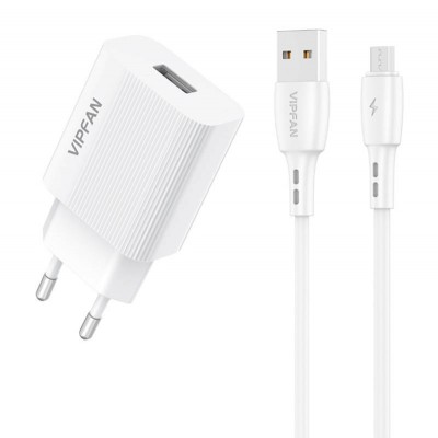 Vipfan E01 tinklo įkroviklis, 1x USB, 2,4A + Micro USB laidas