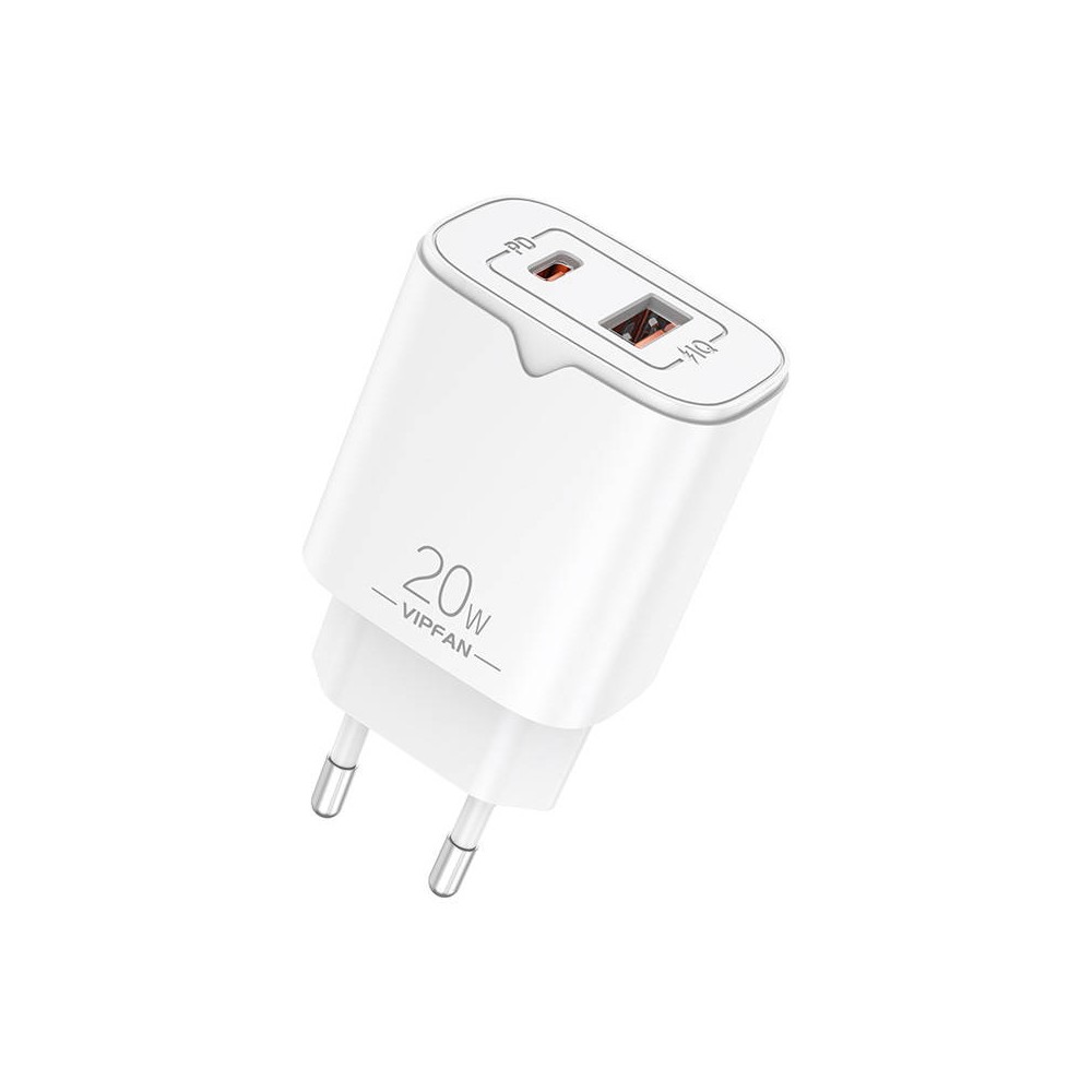 Vipfan E08 tinklo įkroviklis, USB + USB-C, 20 W PD + QC 3.0
