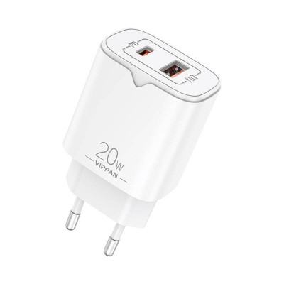 Vipfan E08 tinklo įkroviklis, USB + USB-C, 20 W PD + QC 3.0