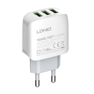 Sieninis įkroviklis LDNIO A3312, 3x USB, 17 W (baltas)-USB