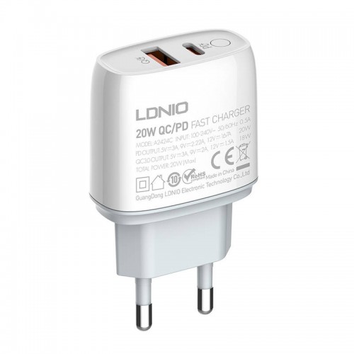 Sieninis įkroviklis LDNIO A2424C, USB + USB-C, PD + QC 3.0, 20