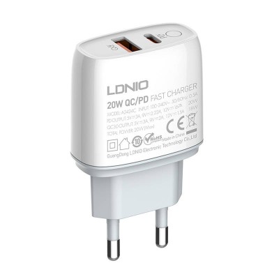 Sieninis įkroviklis LDNIO A2424C, USB + USB-C, PD + QC 3.0, 20