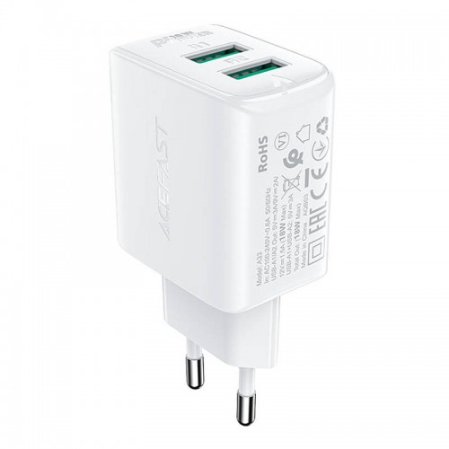 Sieninis įkroviklis Acefast A33, 2x USB, 18W, QC3.0