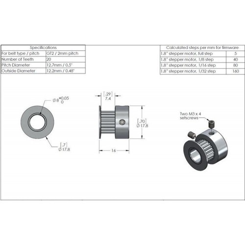 Pavara GT2 20 dantų 5 mm - "RepRap" 3D CNC spausdintuvas-