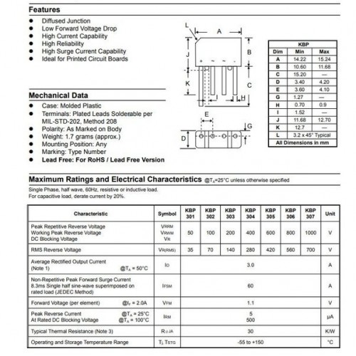Lygintuvo tiltelis 3A 700V (laidai) - kBP307
