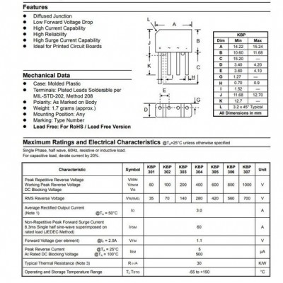 Lygintuvo tiltelis 3A 700V (laidai) - kBP307