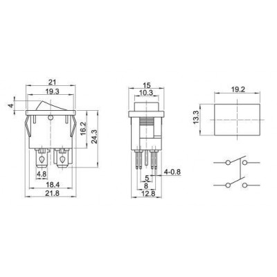 Klavišinis jungiklis 21x15 mm - KCD1-104 - 6A/250V - ON-OFF -