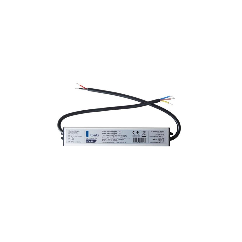 Maitinimo šaltinis LED tvarkyklė 12VDC/ 20W LPV-20, GETI-LED