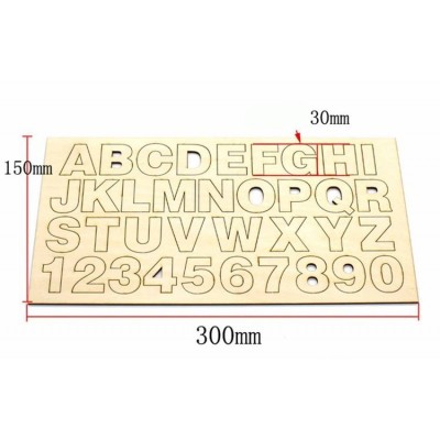 Medinė fanera su abėcėle ir skaičiais 0-9 - Formatas 300x150x3