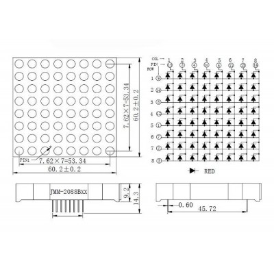 LED taškinė matrica 8x8 raudona - 60x60 mm - LED 5 mm - bendras