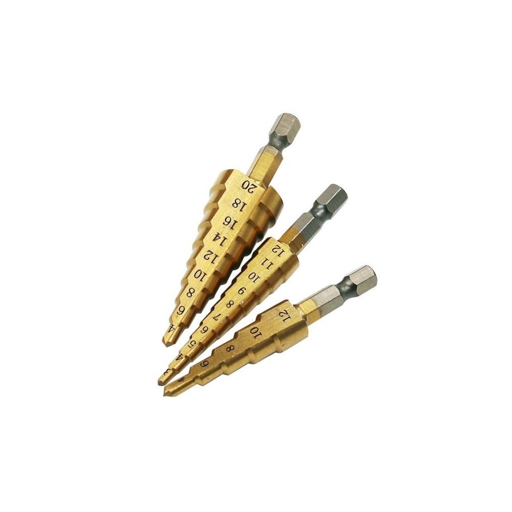 Kūginiai grąžtai 3 vnt - 4-20 mm 4-12 mm 3-12 mm - metalas - Kūginiai grąžtai 3 vnt - 4-20 mm 4-12 mm 3-12 mm - metalas -